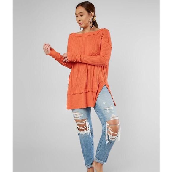 Free People Tops - FREE PEOPLE North Shore Thermal Tunic Top Size Small Corral Orange Waffle Knit